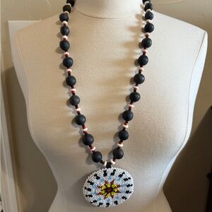 Cherokee Nation certified artist handfired clay necklace with beaded medallion